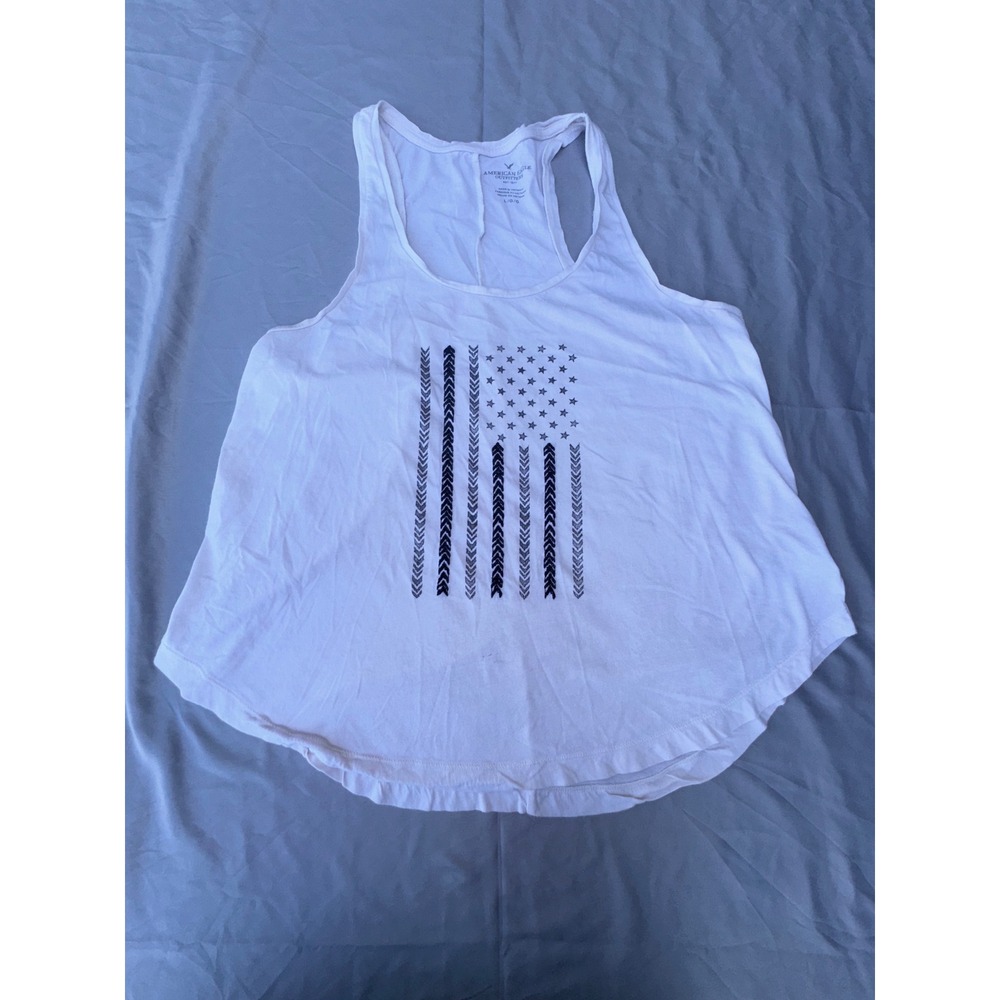 American Eagle White Racerback Graphic Tank Top American Flag Chevron Large